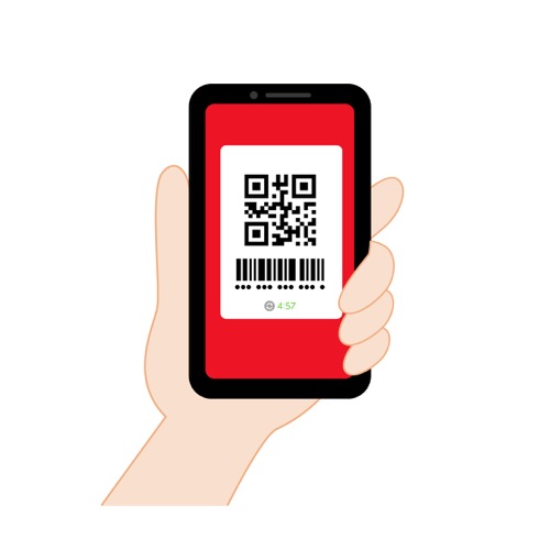 スマートフォンを持つ手とQRコード決済の無料線なしイラスト