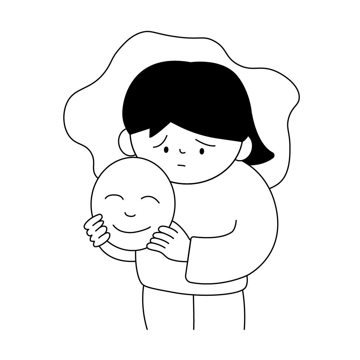 微笑みうつ病の女性の無料モノクロイラスト