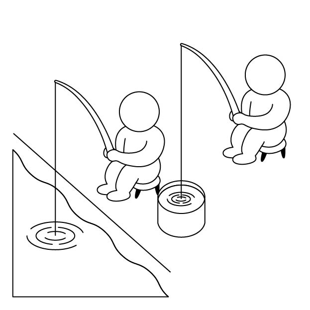 釣りをする人物とAI蒸留のメタファーの無料モノクロイラスト