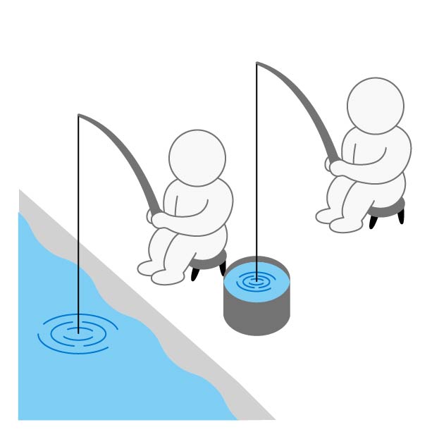 釣りをする人物とAI蒸留のメタファーの無料線なしイラスト