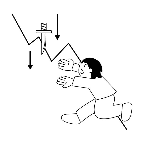 株価暴落とナイフを掴む人物の無料モノクロイラスト