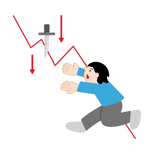 株価暴落とナイフを掴む人物の無料線なしイラスト