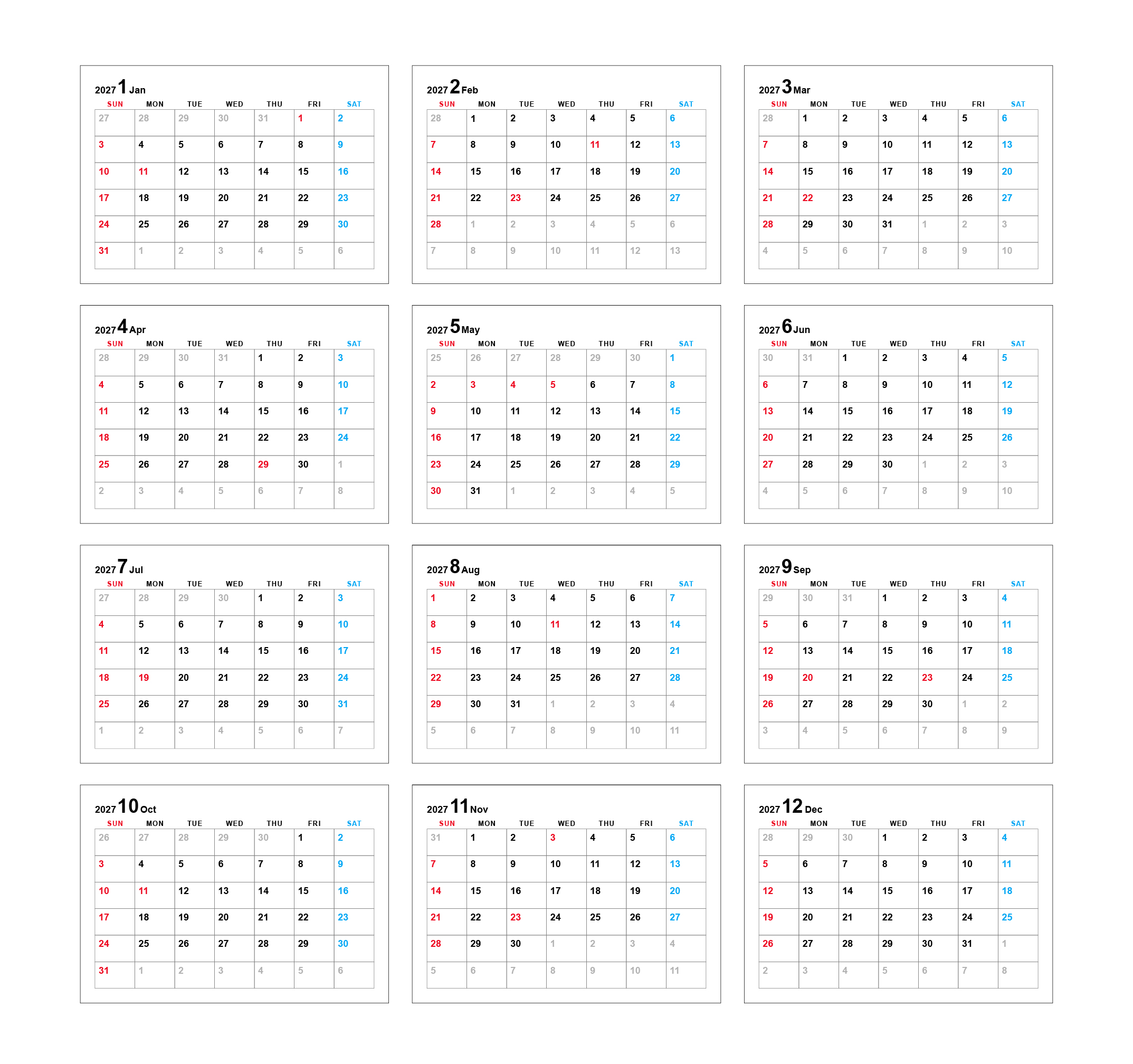 2027年カレンダー・日曜始まり・12ヶ月・年間スケジュール