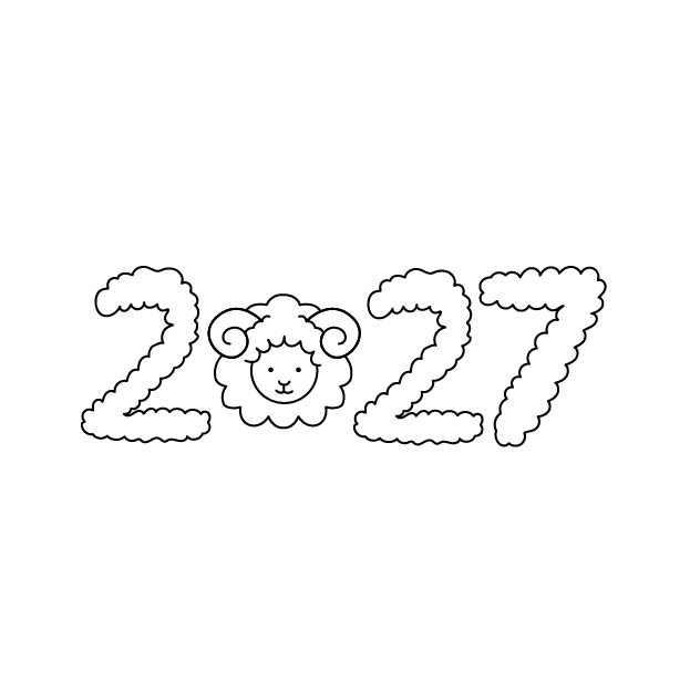 2027年の羊の無料モノクロイラスト
