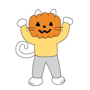 ジャックオランタンの仮装をするシロスケ（擬人化猫）