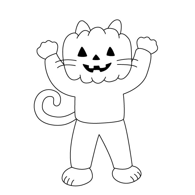 ジャックオランタンの仮装をするシロスケ（擬人化猫）の無料モノクロイラスト