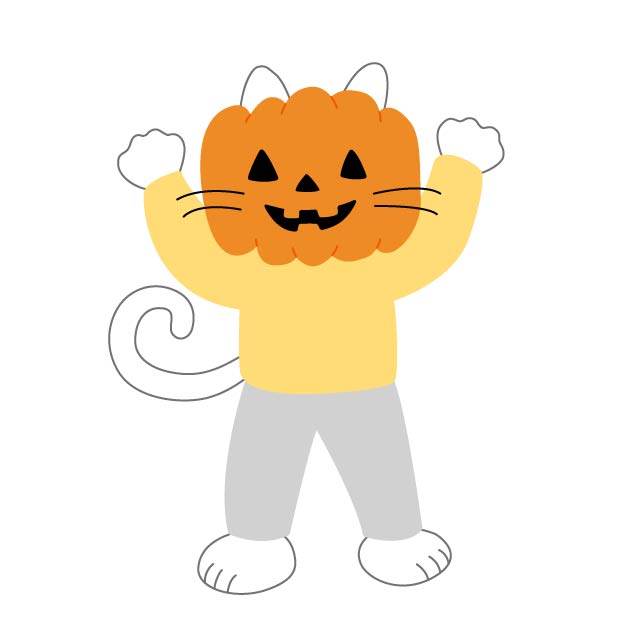 ジャックオランタンの仮装をするシロスケ（擬人化猫）の無料線なしイラスト