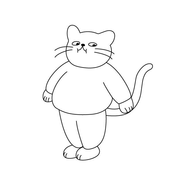 太ったシロスケ（擬人化猫）の無料モノクロイラスト