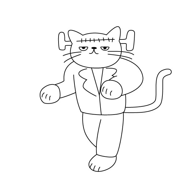 フランケインシュタインのシロスケ（擬人化猫）の無料モノクロイラスト