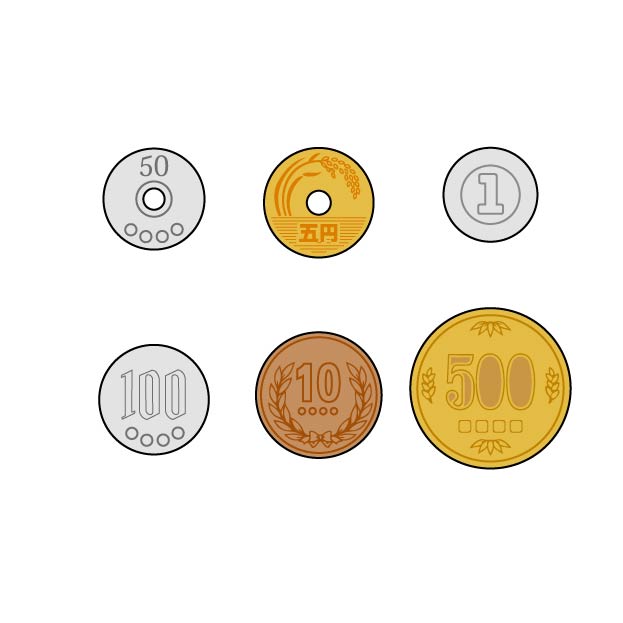 日本の六種類の硬貨の無料カラーイラスト