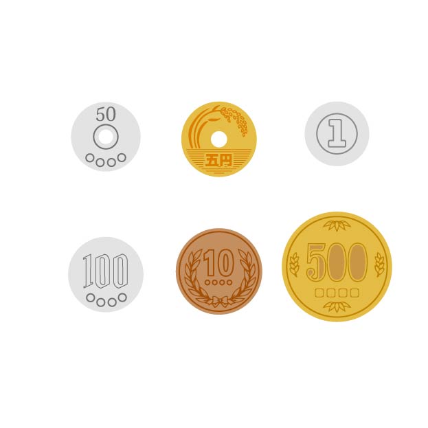 日本の六種類の硬貨の無料線なしイラスト