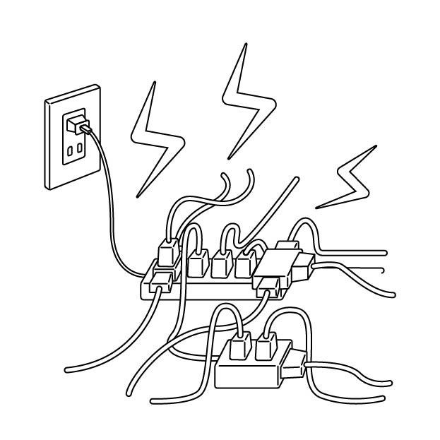 タコ足配線と危険な電気コードの無料モノクロイラスト