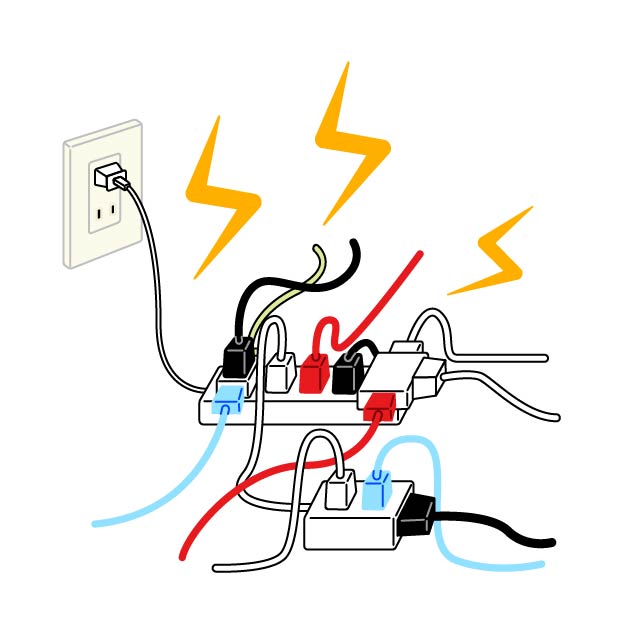 タコ足配線と危険な電気コードの無料線なしイラスト