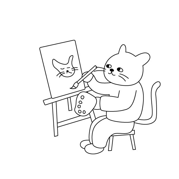 絵を描くシロスケ（擬人化猫）の無料モノクロイラスト