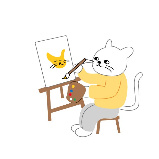 絵を描くシロスケ（擬人化猫）の無料線なしイラスト