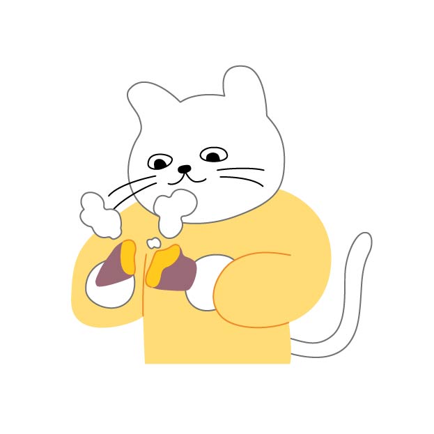焼き芋を持つシロスケ（擬人化猫）の無料線なしイラスト