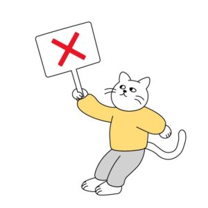 バツのプラカードを持つシロスケ（擬人化猫）