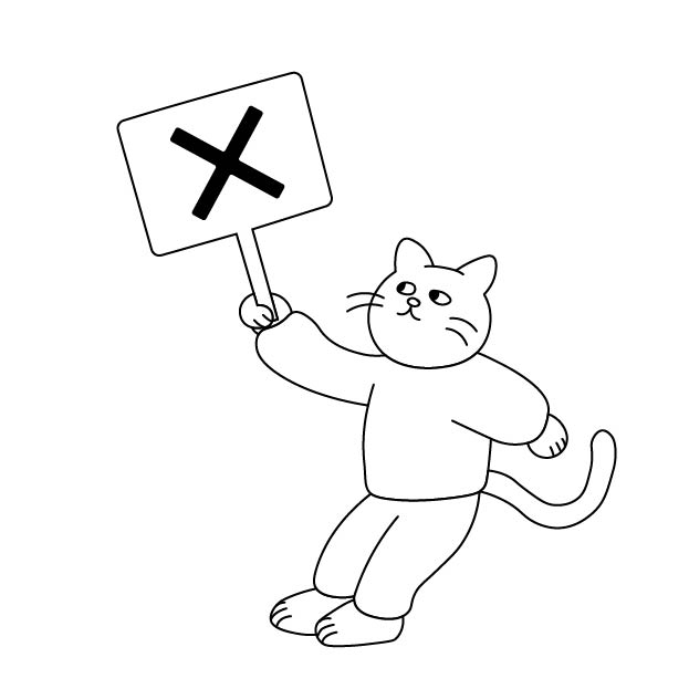 バツのプラカードを持つシロスケ（擬人化猫）の無料モノクロイラスト