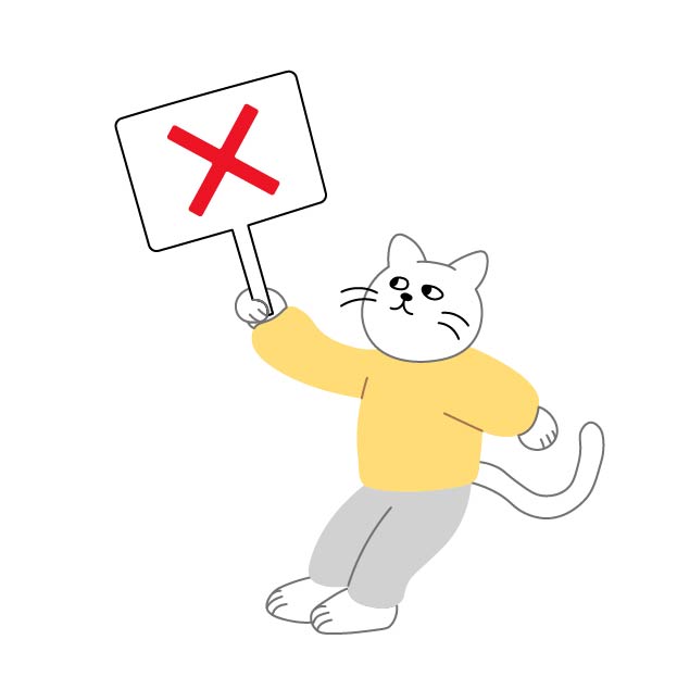 バツのプラカードを持つシロスケ（擬人化猫）の無料線なしイラスト