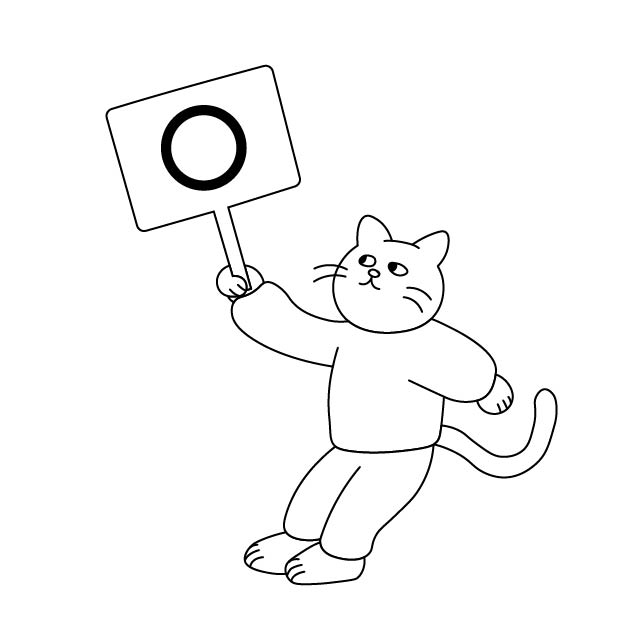 丸のプラカードを持つシロスケ（擬人化猫）の無料モノクロイラスト