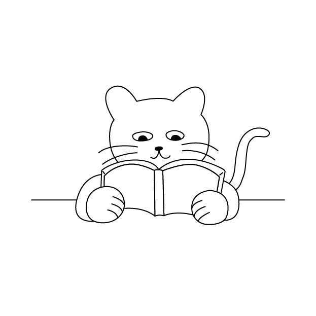 読書するシロスケ（擬人化猫）の無料モノクロイラスト