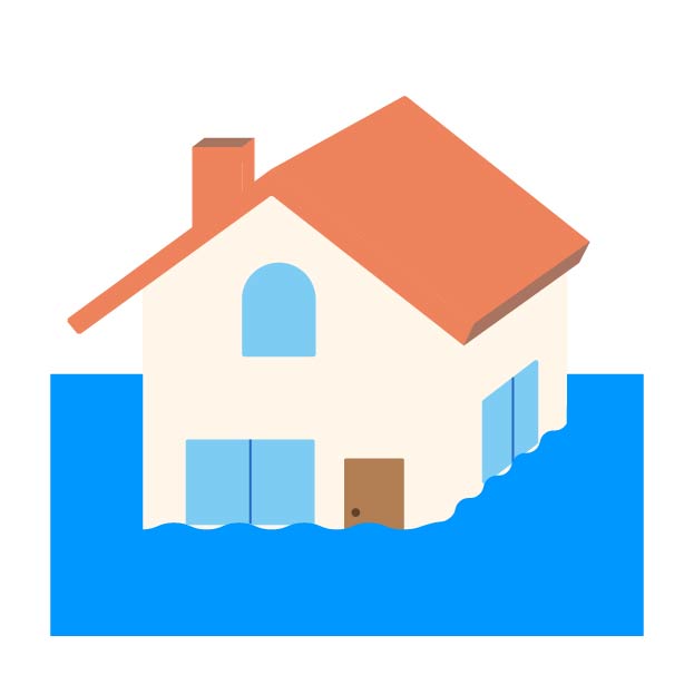 洪水で浸水した家の無料線なしイラスト