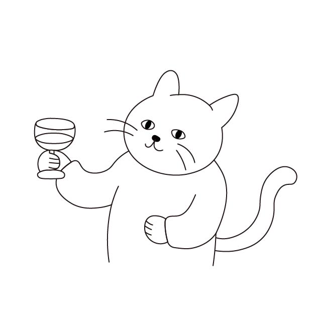 ワインを飲むシロスケ（擬人化猫）の無料モノクロイラスト
