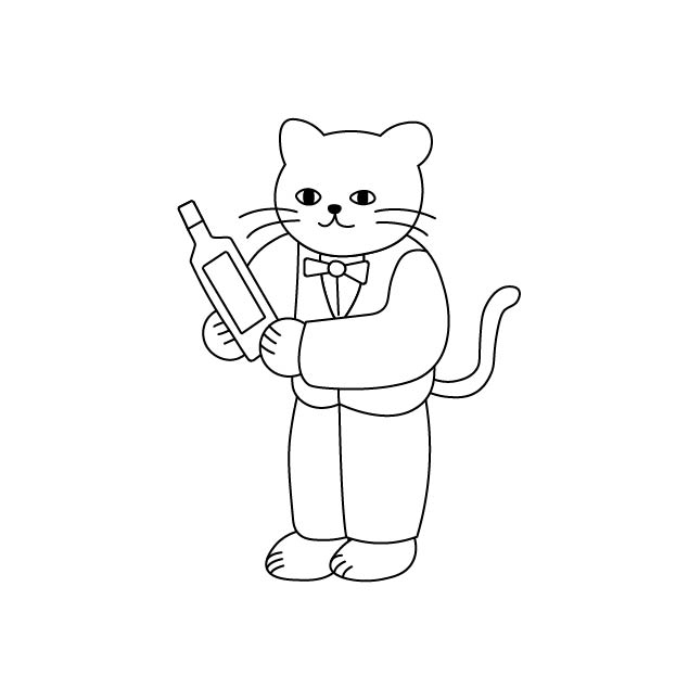 ワインソムリエのシロスケ（擬人化猫）の無料モノクロイラスト