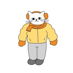防寒着とマフラーを着用したシロスケ（擬人化猫）