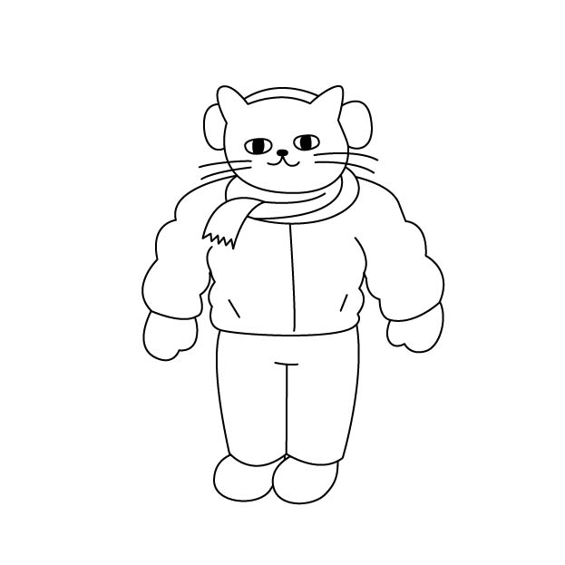 防寒着とマフラーを着用したシロスケ（擬人化猫）の無料モノクロイラスト