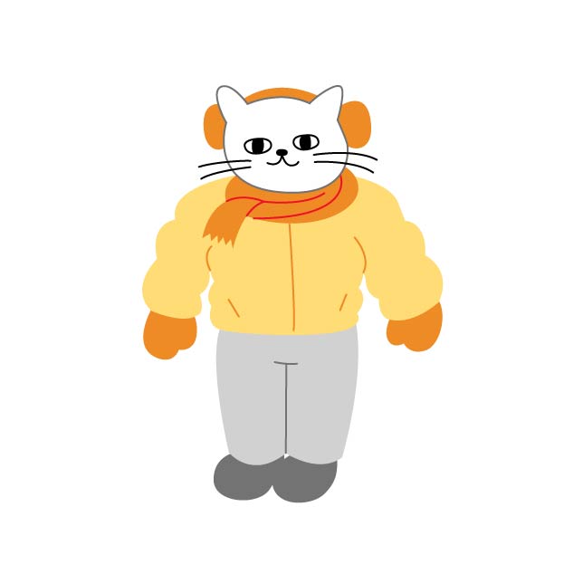 防寒着とマフラーを着用したシロスケ（擬人化猫）の無料線なしイラスト